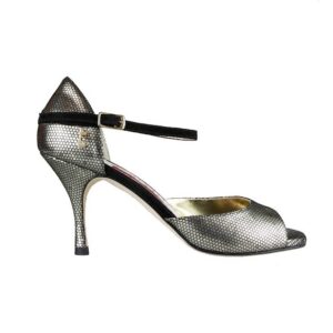 enclosed heel cage black leather wiht gold dot tango shoe