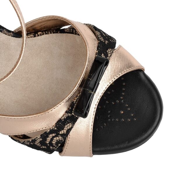 black lace & gold toe view of tango shoe